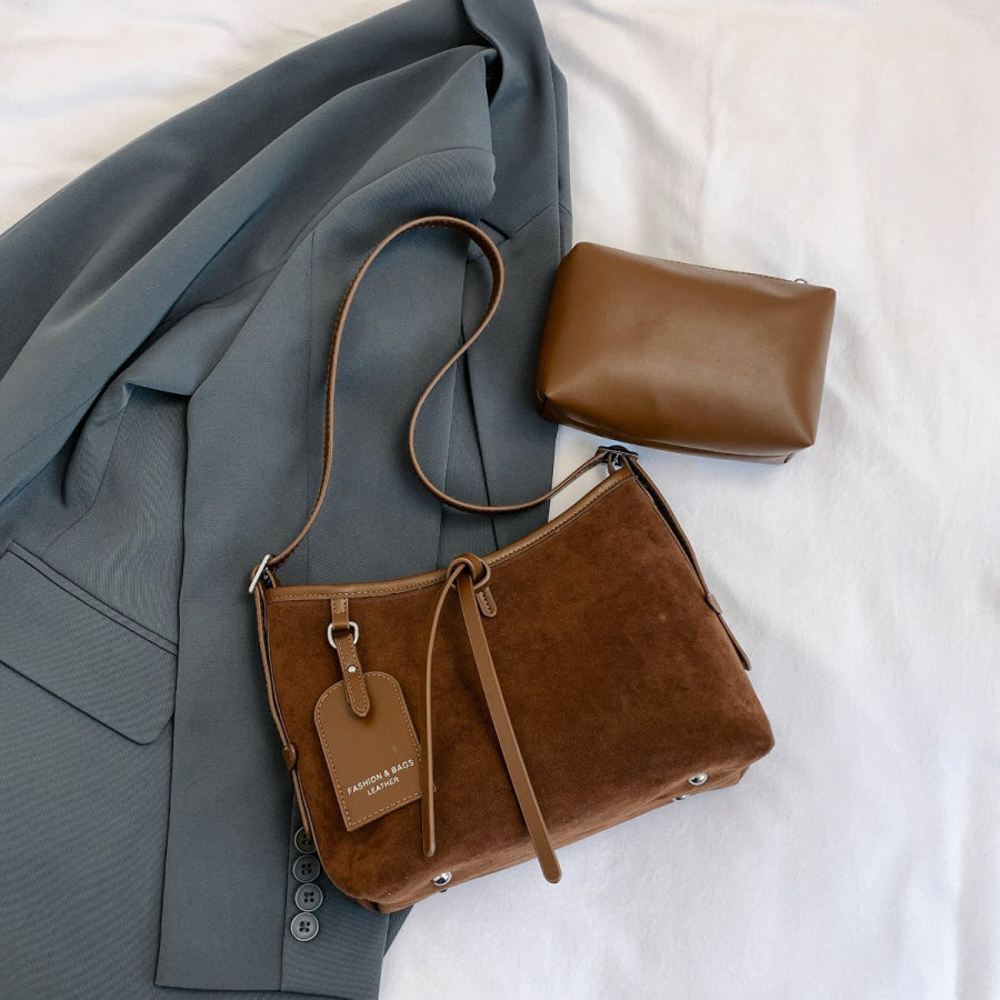 Suede Shoulder Bag and PU Leather Clutch 2 Piece Set Apparel and Accessories