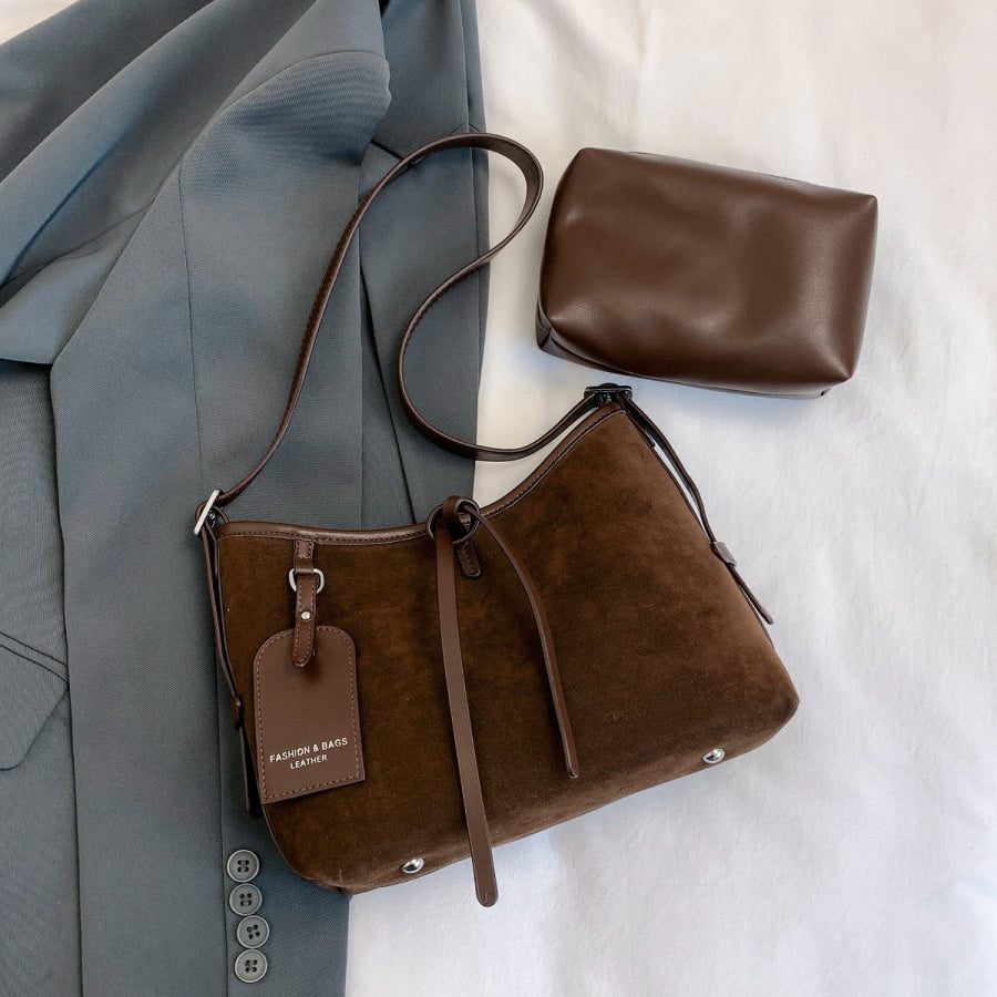 Suede Shoulder Bag and PU Leather Clutch 2 Piece Set Apparel and Accessories