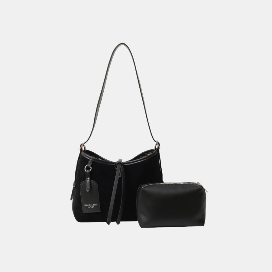 Suede Shoulder Bag and PU Leather Clutch 2 Piece Set Black / One Size Apparel and Accessories