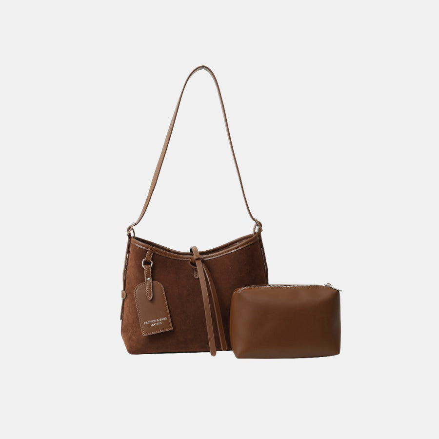 Suede Shoulder Bag and PU Leather Clutch 2 Piece Set Brown / One Size Apparel and Accessories