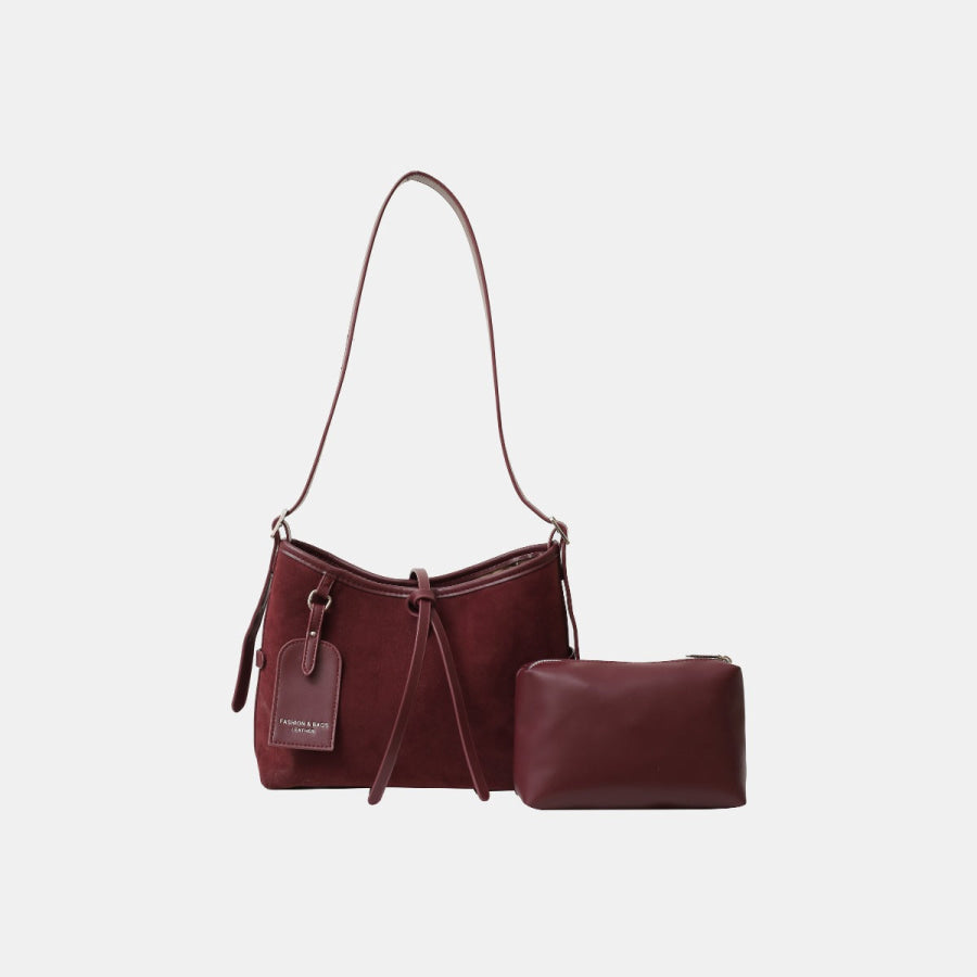 Suede Shoulder Bag and PU Leather Clutch 2 Piece Set Burgundy / One Size Apparel and Accessories