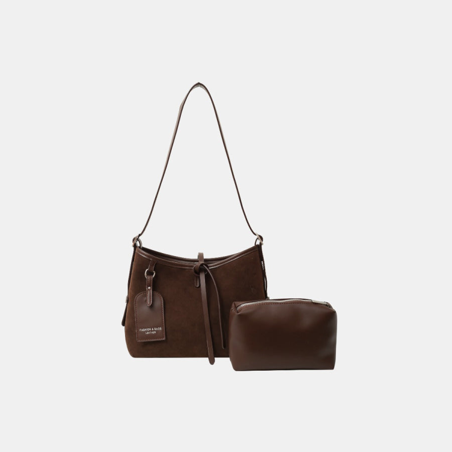 Suede Shoulder Bag and PU Leather Clutch 2 Piece Set Coffee Brown / One Size Apparel and Accessories