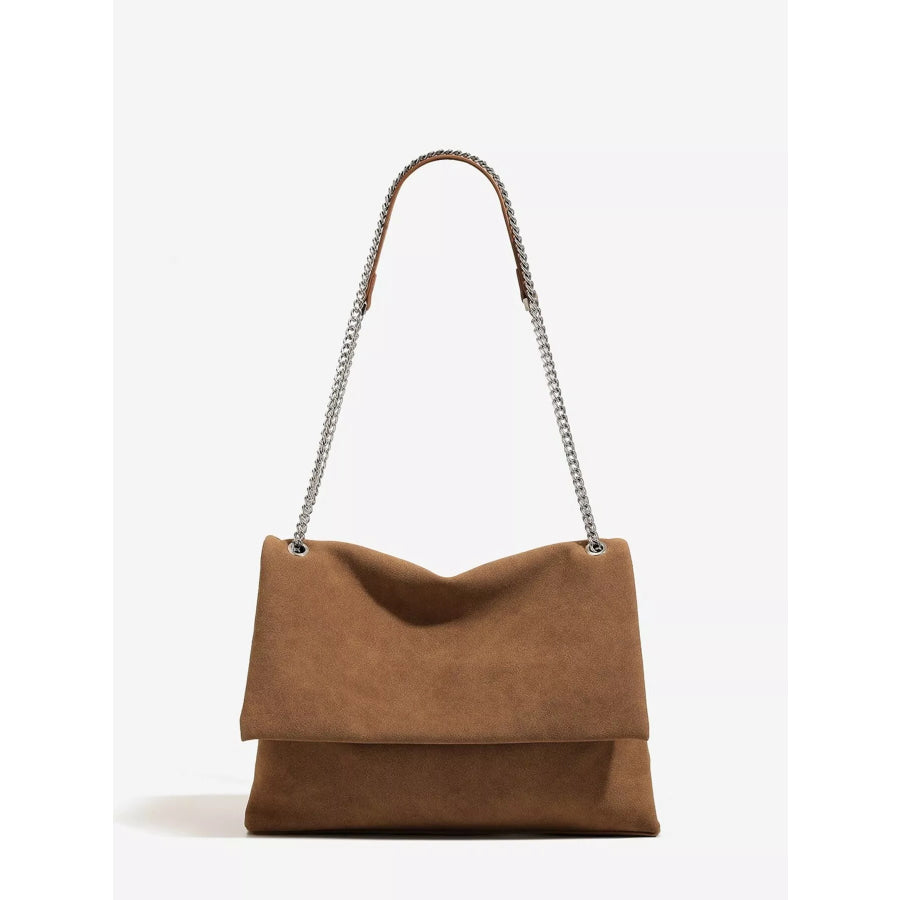 Suede Shoulder Bag with Metallic Chain Strap Brown / onesize Apparel and Accessories