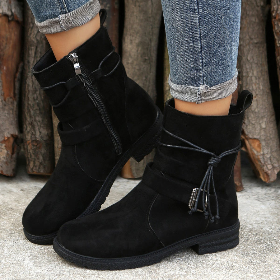 Suede Side Zip Round Toe Boots Black / 36(US5) Apparel and Accessories