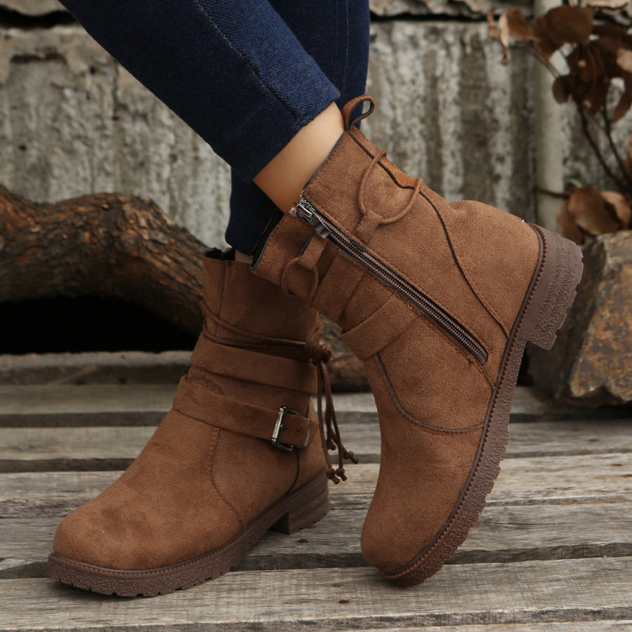 Suede Side Zip Round Toe Boots Brown / 36(US5) Apparel and Accessories