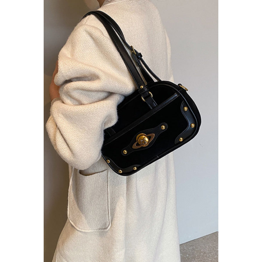 Suede Studded Adjustable Strap Shoulder Bag Apparel and Accessories