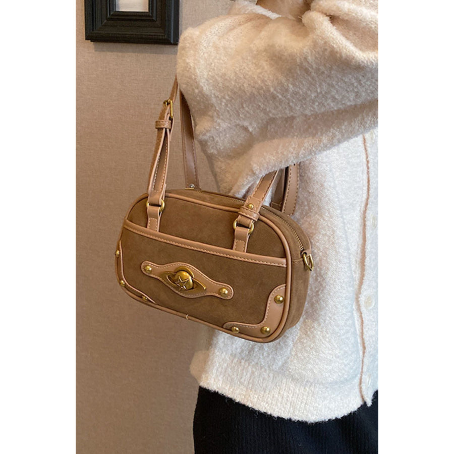 Suede Studded Adjustable Strap Shoulder Bag Apparel and Accessories