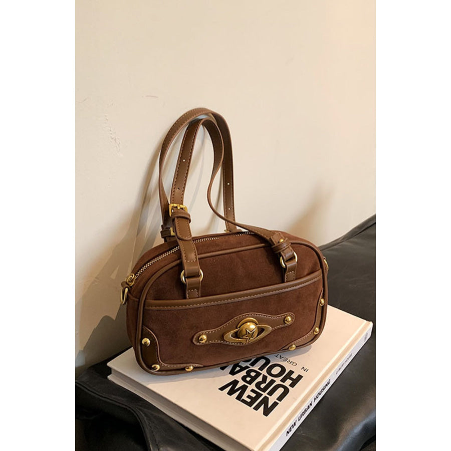 Suede Studded Adjustable Strap Shoulder Bag Brown / One Size Apparel and Accessories