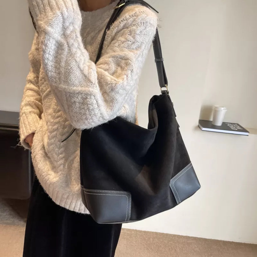 Suede Tote Bag with Leather Trim Black / One Size Apparel and Accessories