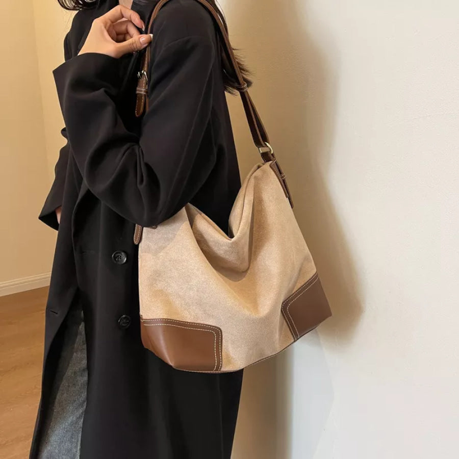 Suede Tote Bag with Leather Trim Khaki / One Size Apparel and Accessories