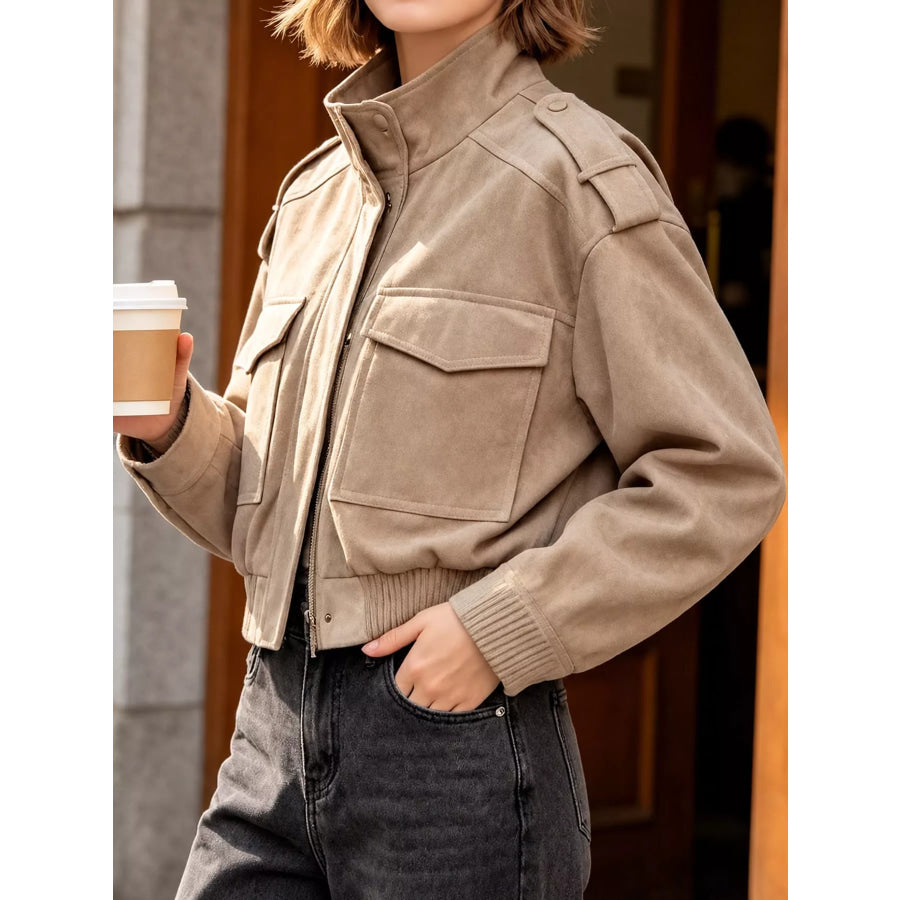 Suede Utility Bomber Zip-Up Jacket Heather Gray / XS Apparel and Accessories