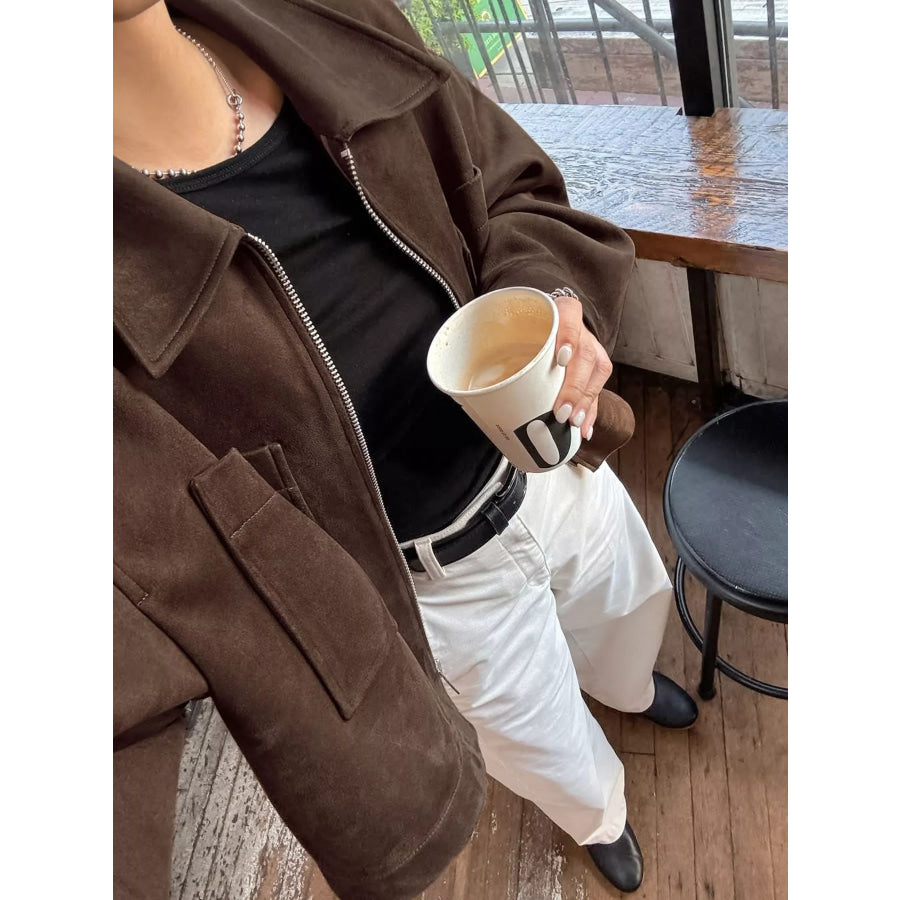 Suede Utility Jacket with Front Pockets Apparel and Accessories