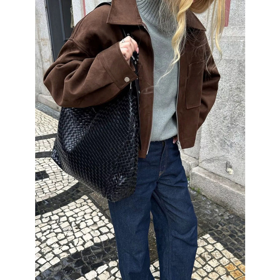 Suede Utility Jacket with Front Pockets Apparel and Accessories