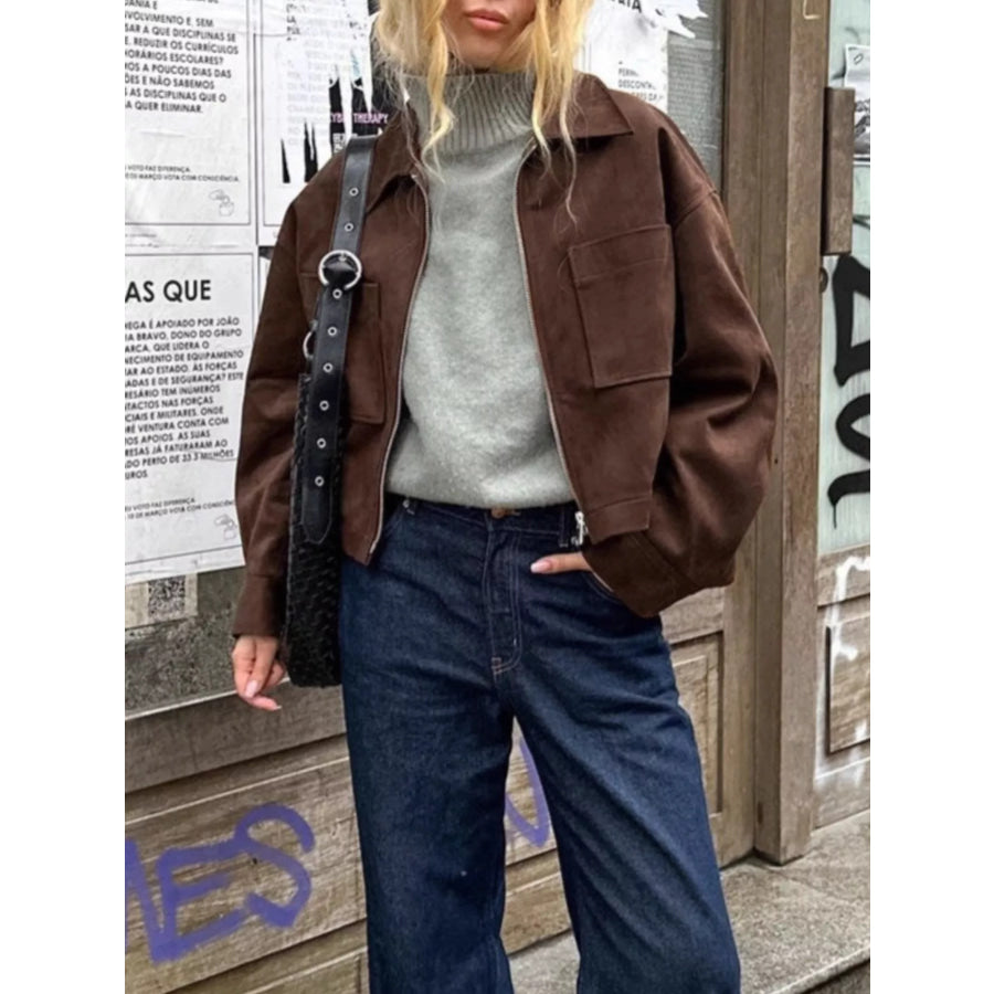 Suede Utility Jacket with Front Pockets Brown / S Apparel and Accessories