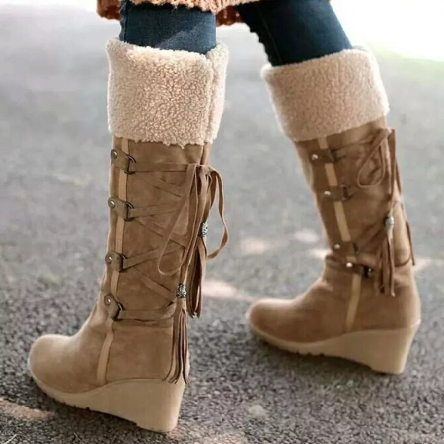 Suede Wedge Boots with Fur Cuff Apparel and Accessories