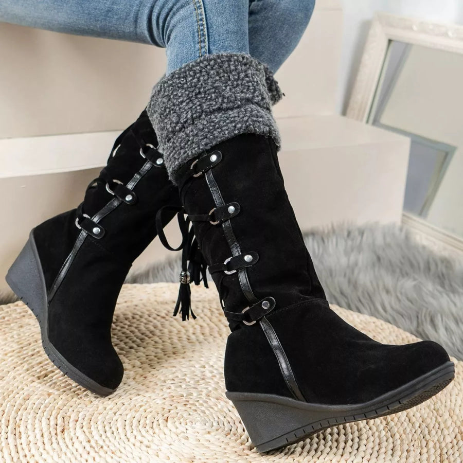 Suede Wedge Boots with Fur Cuff Apparel and Accessories