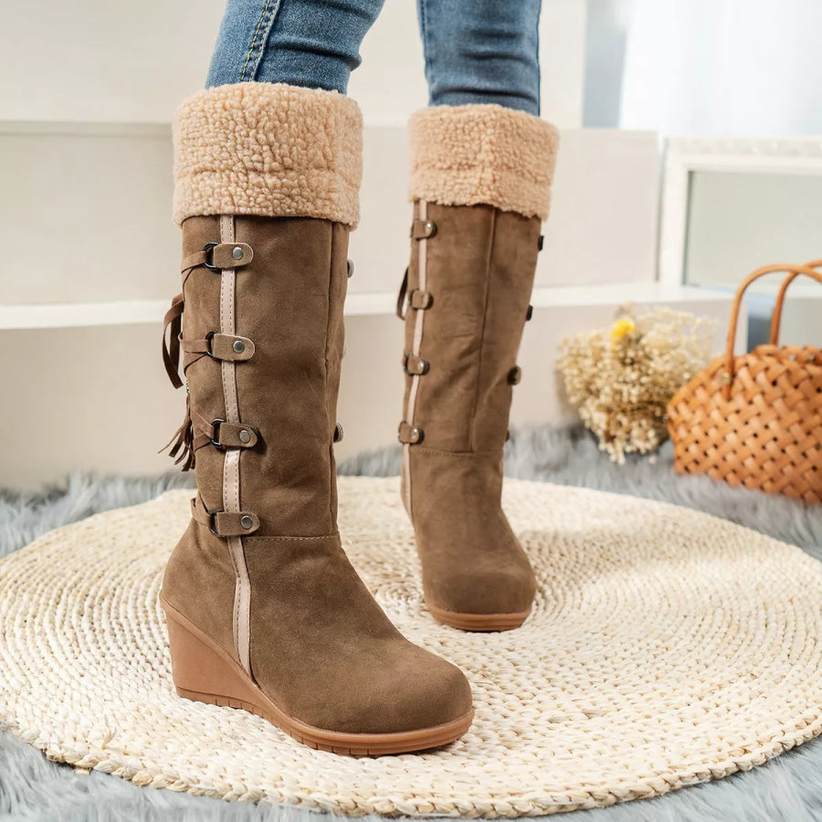 Suede Wedge Boots with Fur Cuff Apparel and Accessories