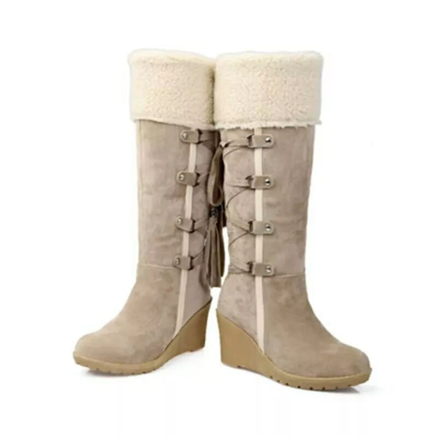 Suede Wedge Boots with Fur Cuff Apparel and Accessories