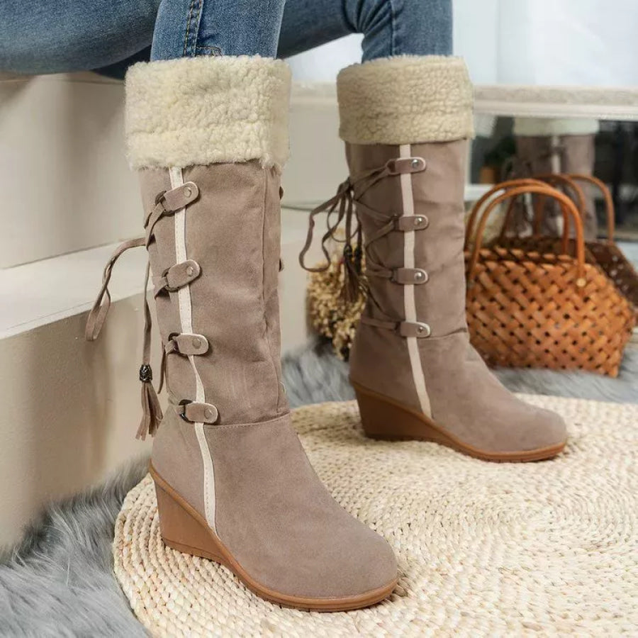 Suede Wedge Boots with Fur Cuff Apparel and Accessories