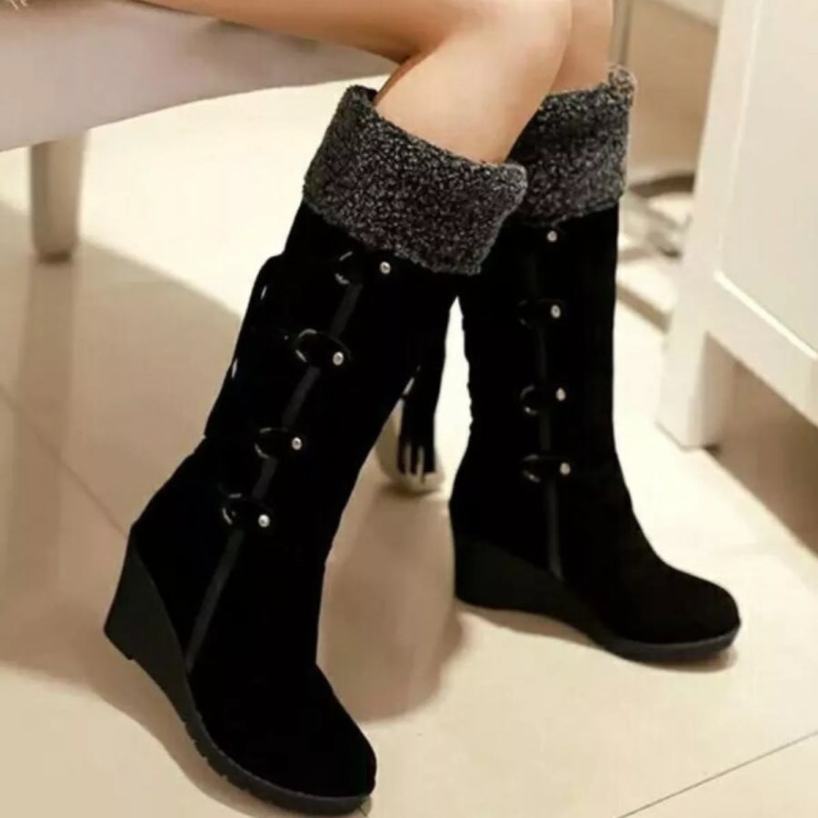 Suede Wedge Boots with Fur Cuff Apparel and Accessories