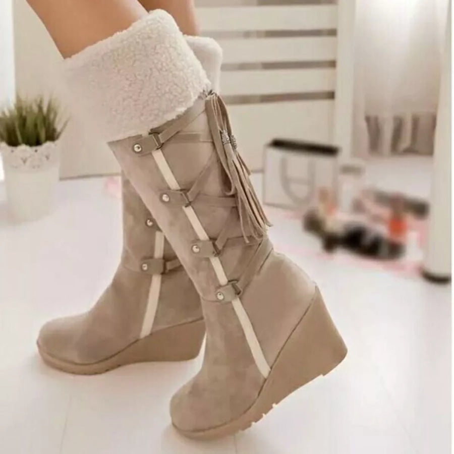 Suede Wedge Boots with Fur Cuff Beige / 35 Apparel and Accessories