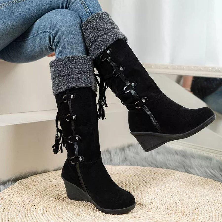 Suede Wedge Boots with Fur Cuff Black / 35 Apparel and Accessories