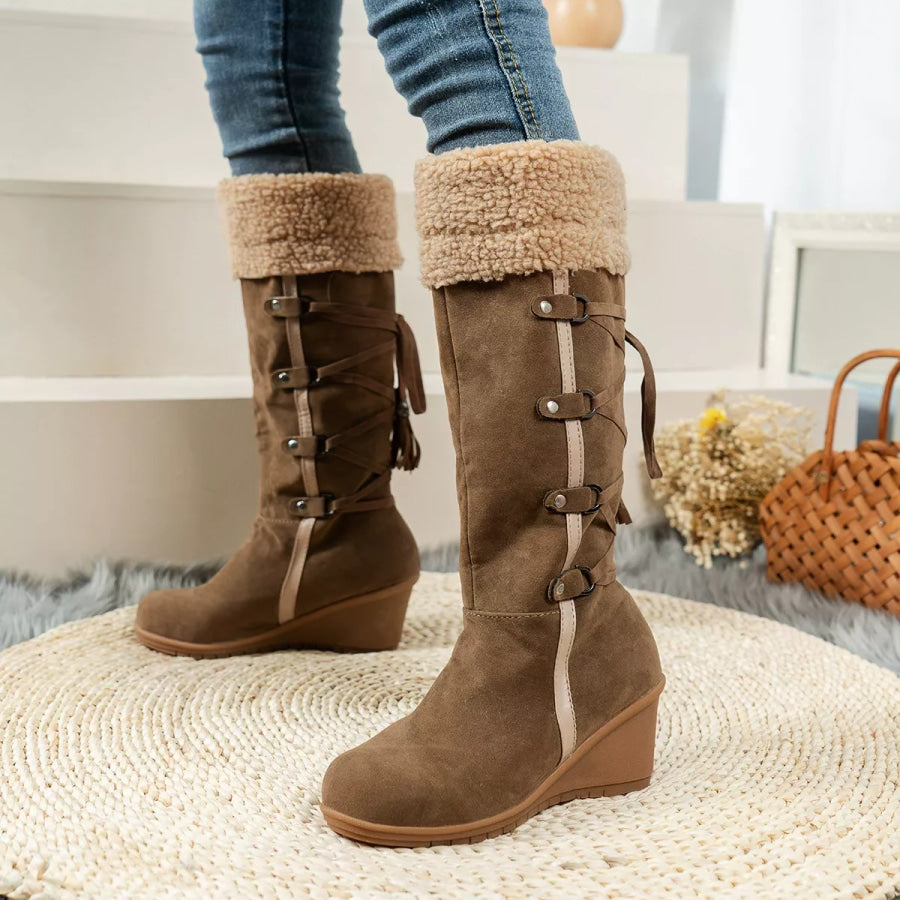 Suede Wedge Boots with Fur Cuff Brown / 35 Apparel and Accessories