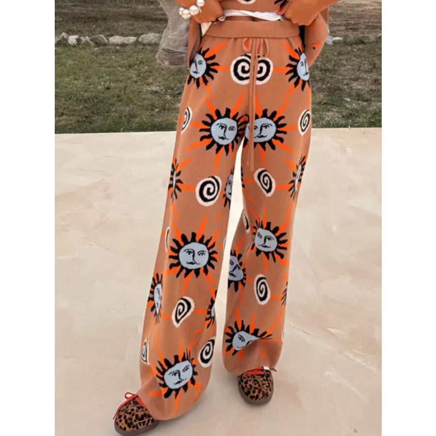Sun Graphic Top & Cardigan and Pants 3-Piece Sweater Set Apparel Accessories