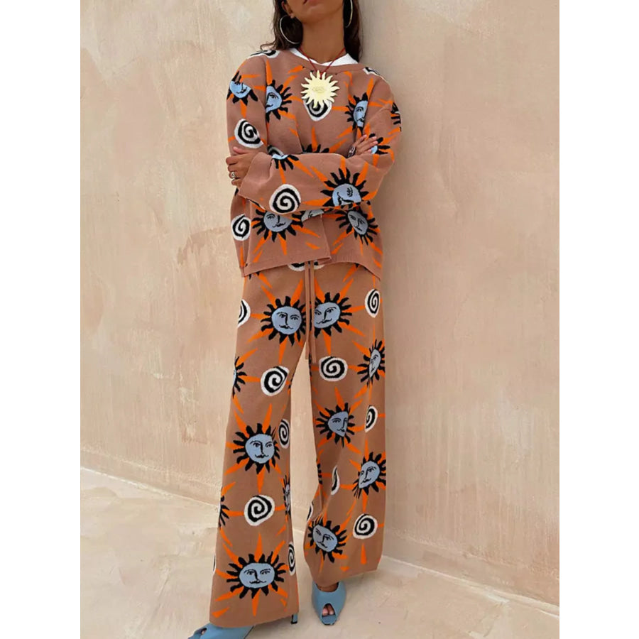 Sun Graphic Top & Cardigan and Pants 3-Piece Sweater Set Apparel Accessories