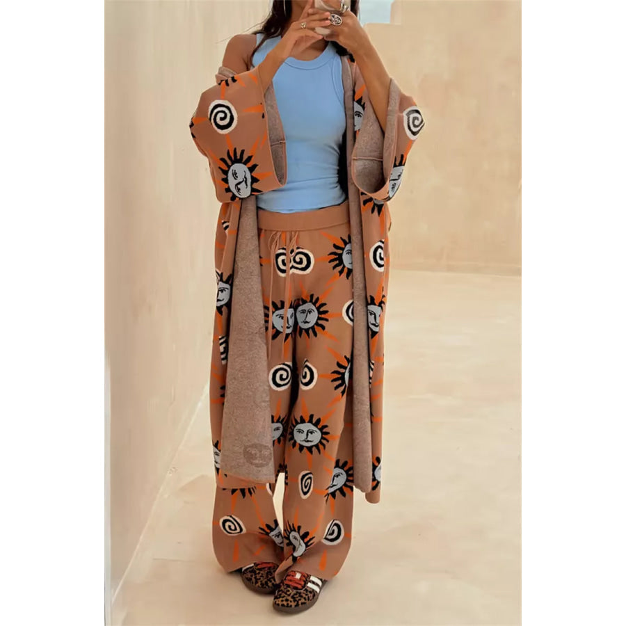 Sun Graphic Top & Cardigan and Pants 3-Piece Sweater Set Apparel Accessories