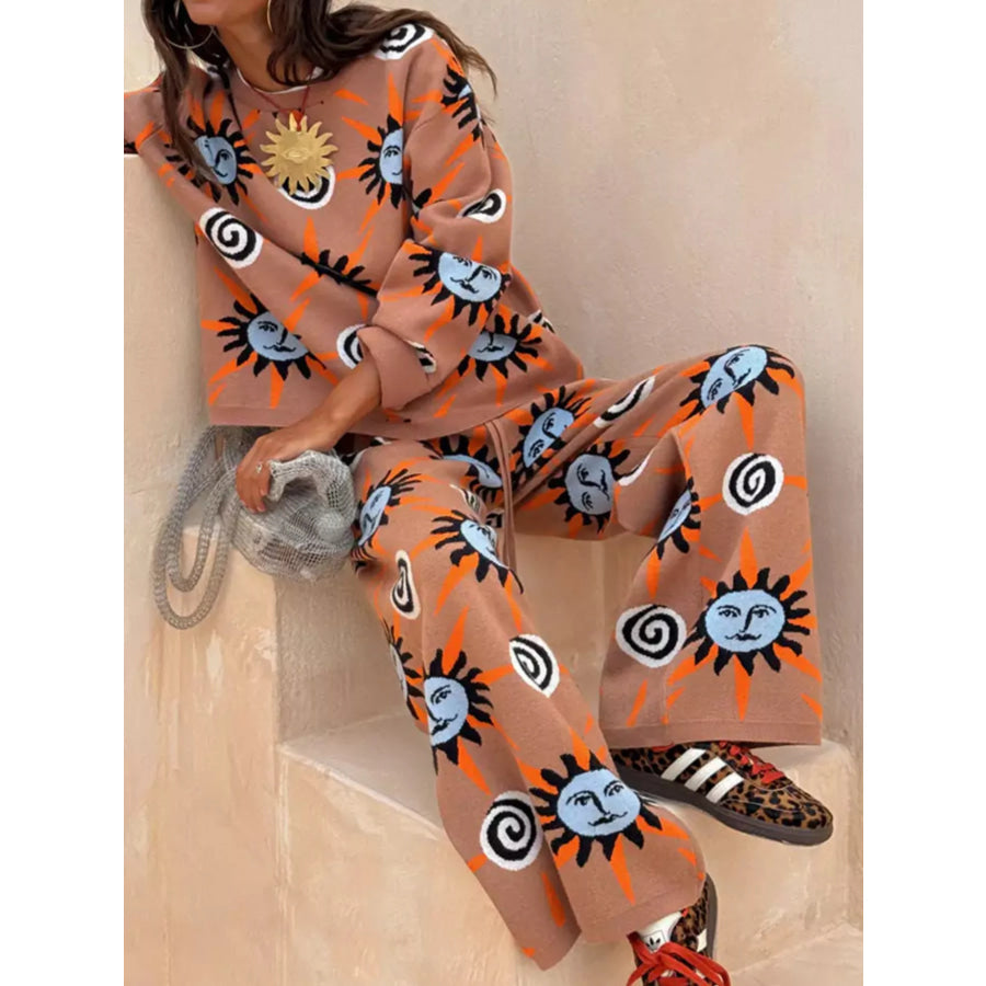 Sun Graphic Top & Cardigan and Pants 3-Piece Sweater Set Apparel Accessories