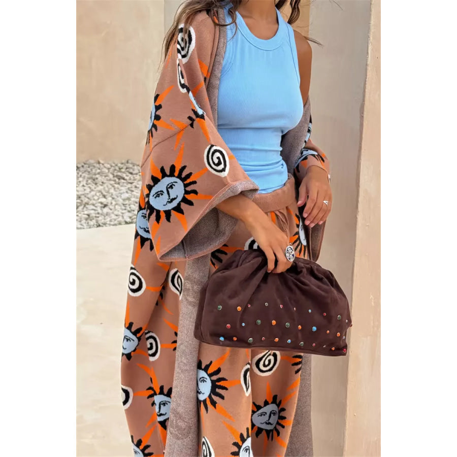 Sun Graphic Top & Cardigan and Pants 3-Piece Sweater Set Apparel Accessories
