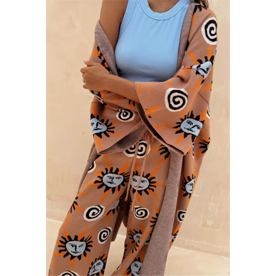 Sun Graphic Top & Cardigan and Pants 3-Piece Sweater Set Apparel Accessories