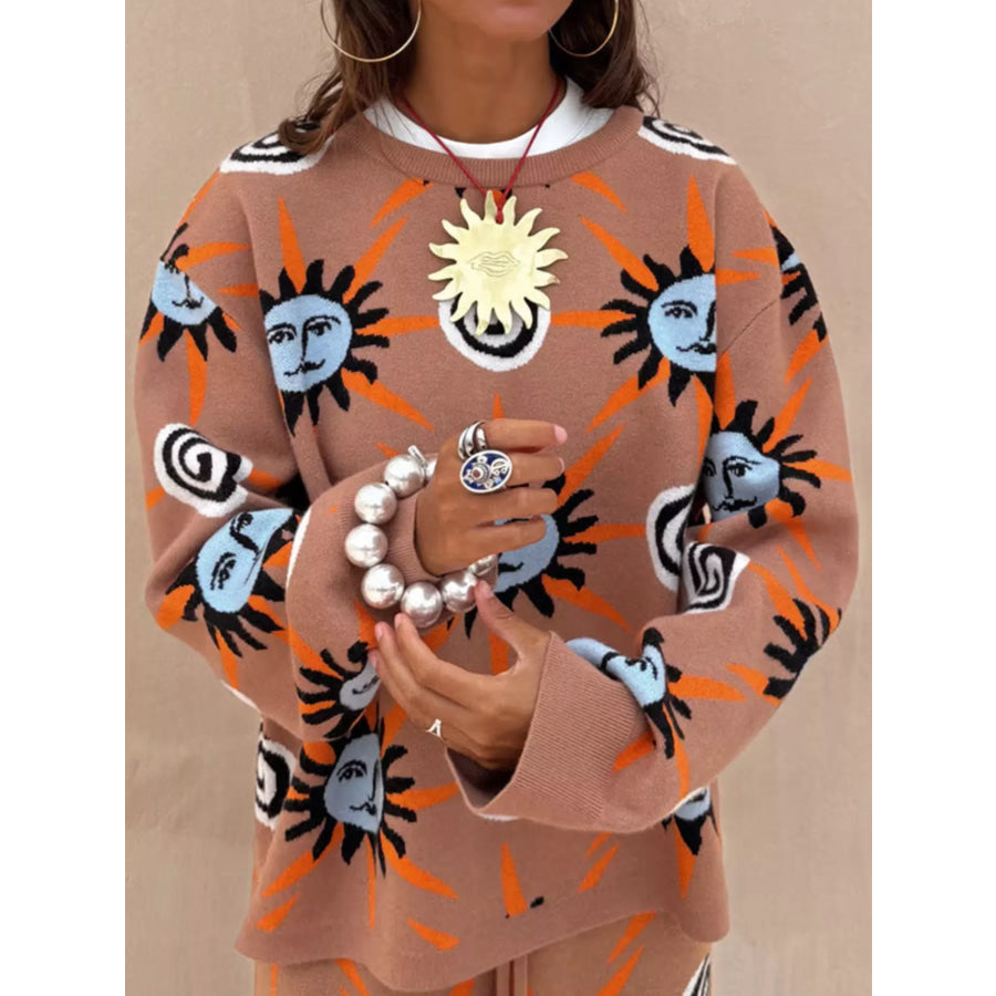 Sun Graphic Top & Cardigan and Pants 3-Piece Sweater Set Apparel Accessories
