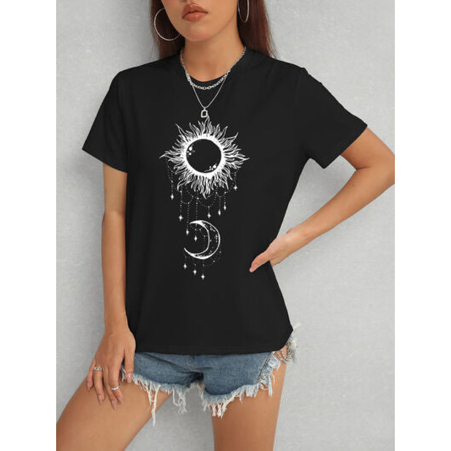 Sun &amp; Moon Graphic Round Neck T - Shirt Black / S Apparel and Accessories