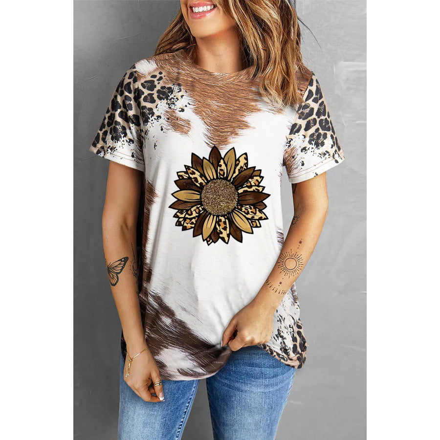 Sunflower Graphic Round Neck Short Sleeve T-Shirt Leopard / S Apparel and Accessories