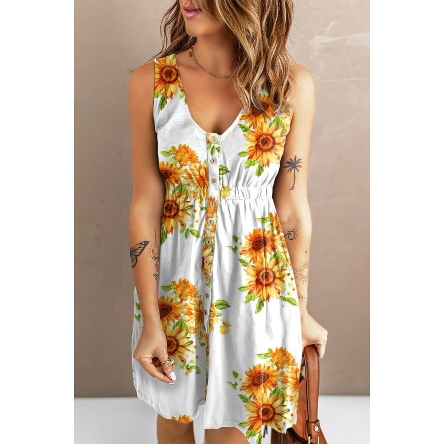 Sunflower Print Button Down Sleeveless Dress Sunflower Fields / S