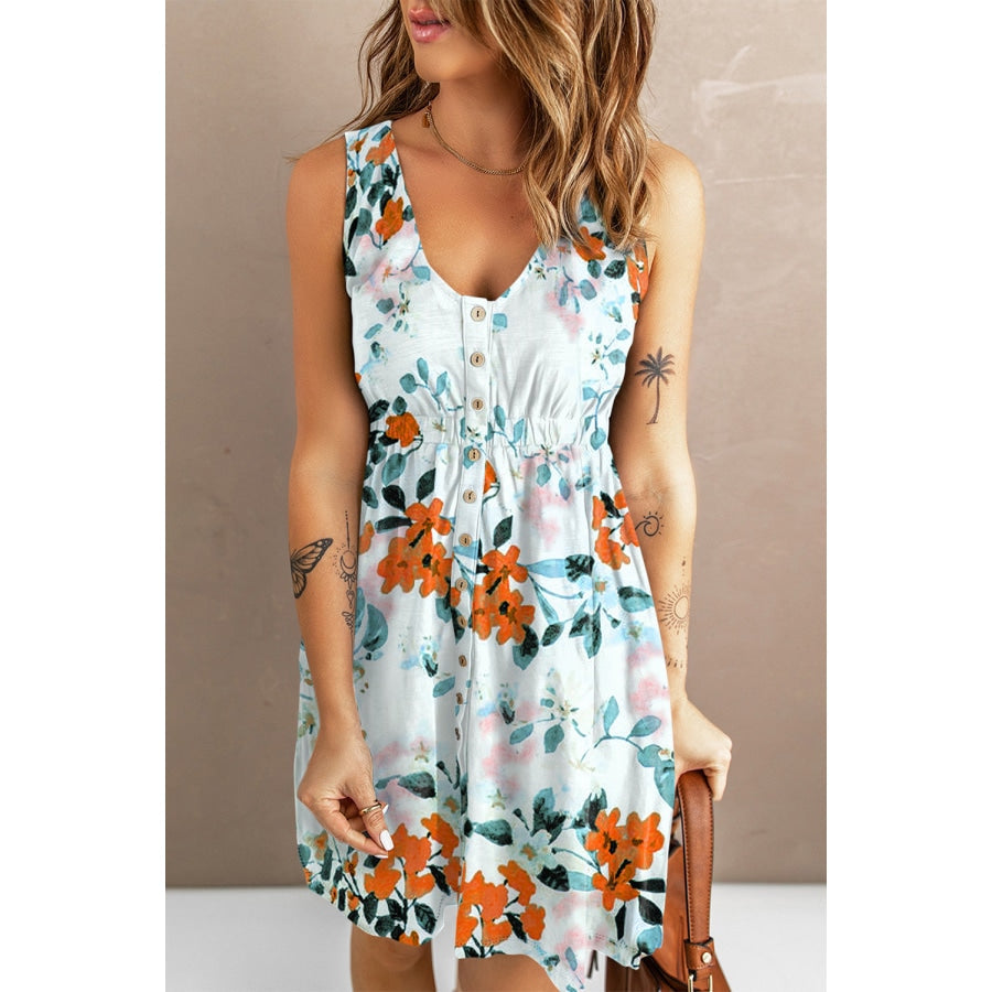 Sunflower Print Button Down Sleeveless Dress Floral / L