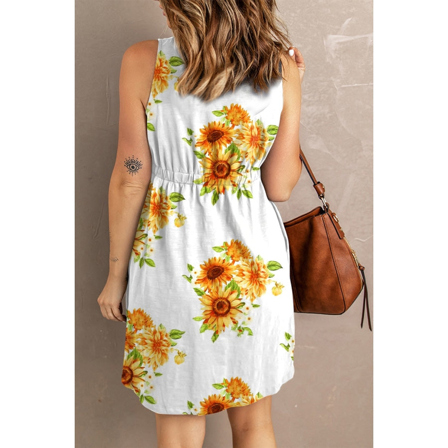 Sunflower Print Button Down Sleeveless Dress