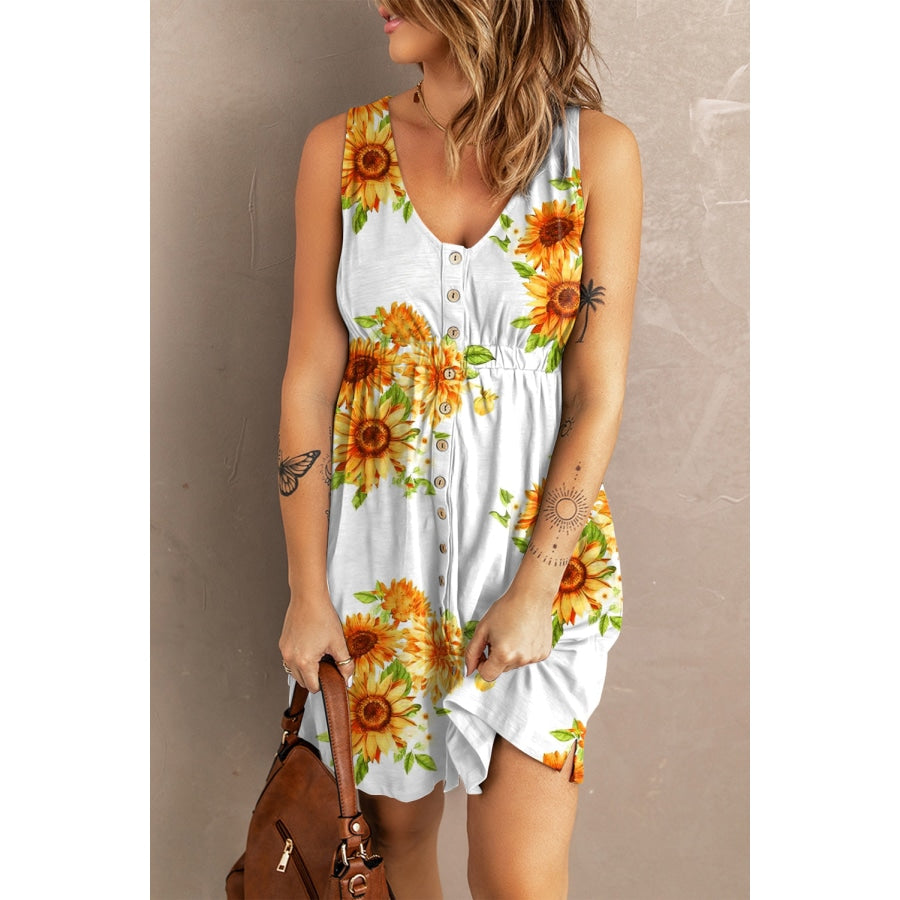 Sunflower Print Button Down Sleeveless Dress