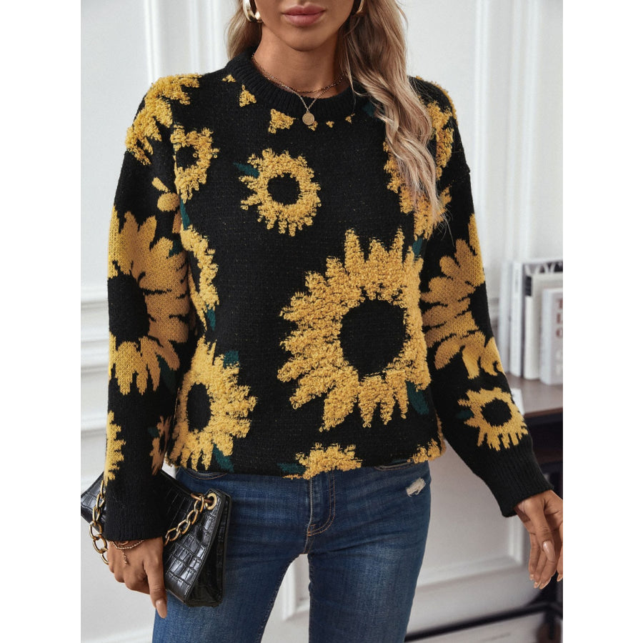 Sunflower Round Neck Long Sleeve Sweater Apparel and Accessories