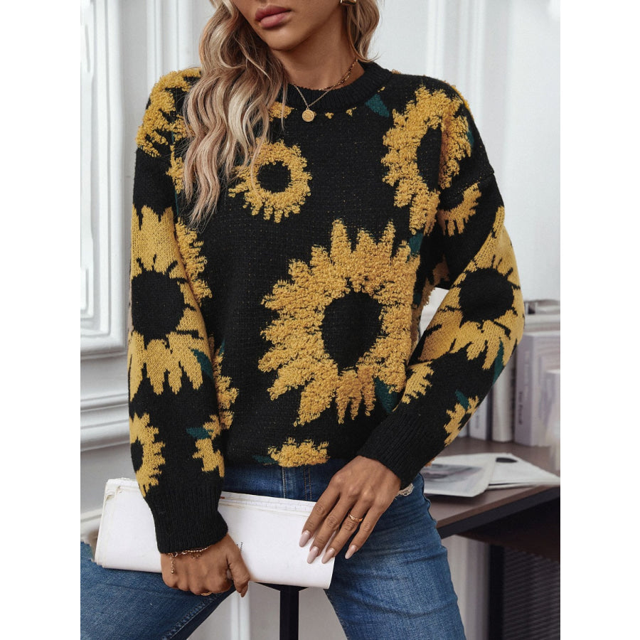 Sunflower Round Neck Long Sleeve Sweater Apparel and Accessories