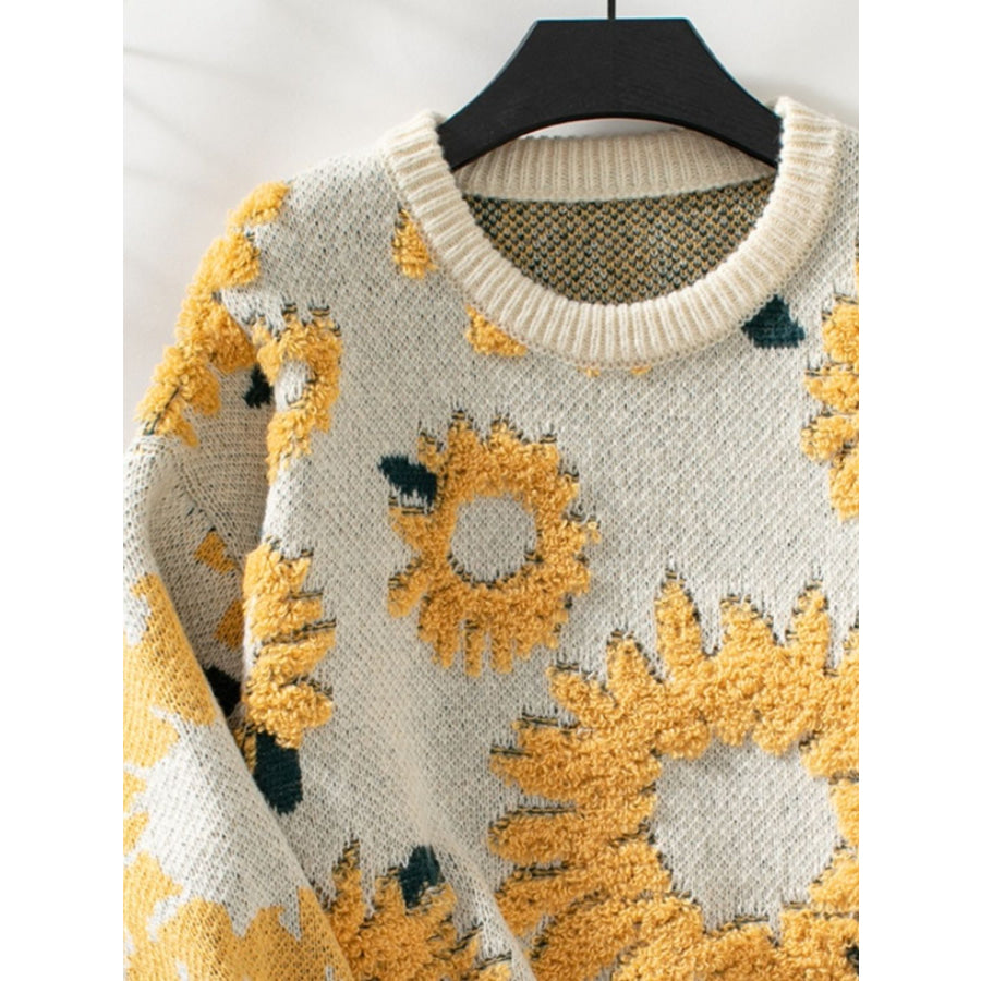 Sunflower Round Neck Long Sleeve Sweater Apparel and Accessories