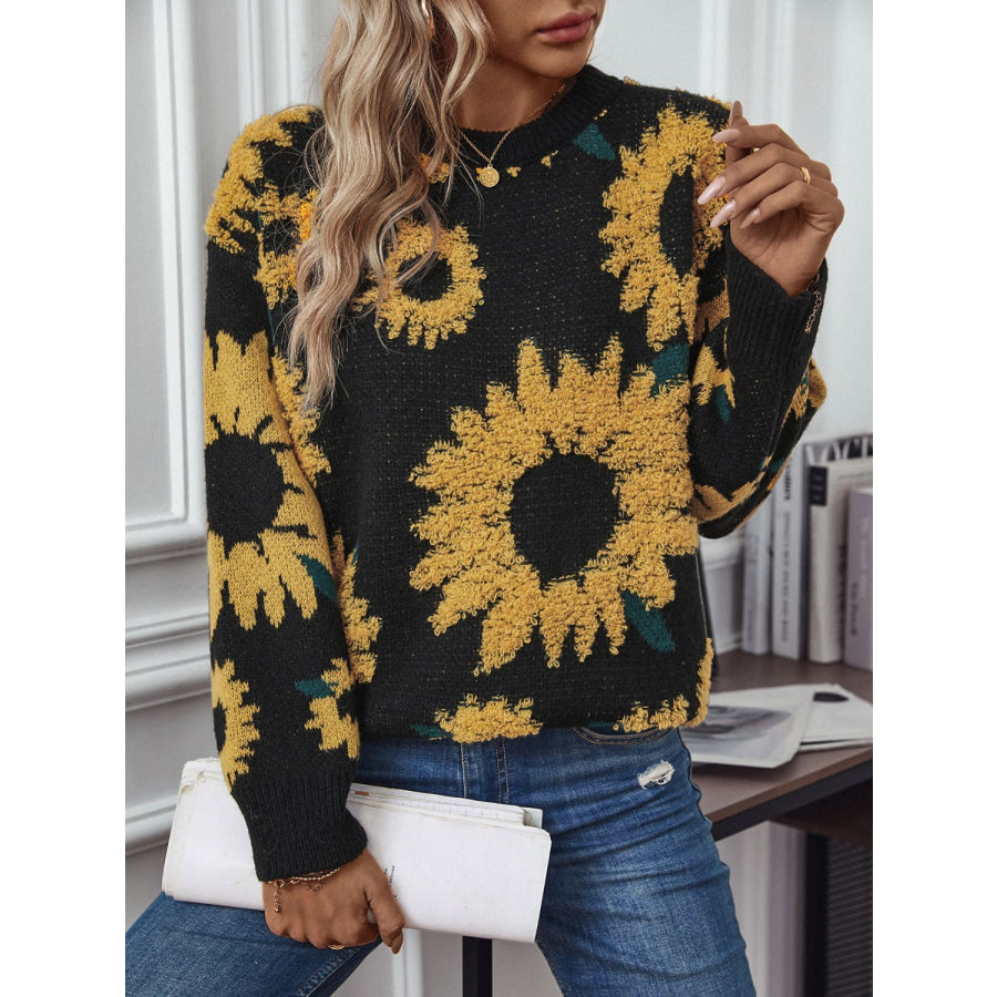 Sunflower Round Neck Long Sleeve Sweater Apparel and Accessories