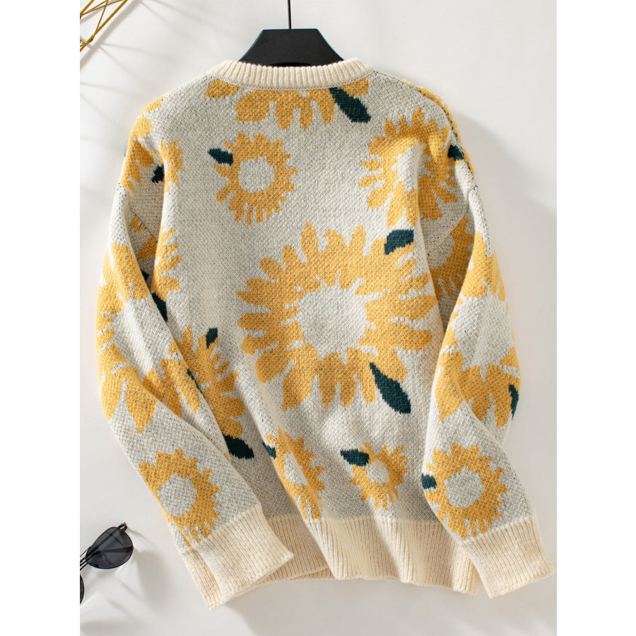 Sunflower Round Neck Long Sleeve Sweater Apparel and Accessories