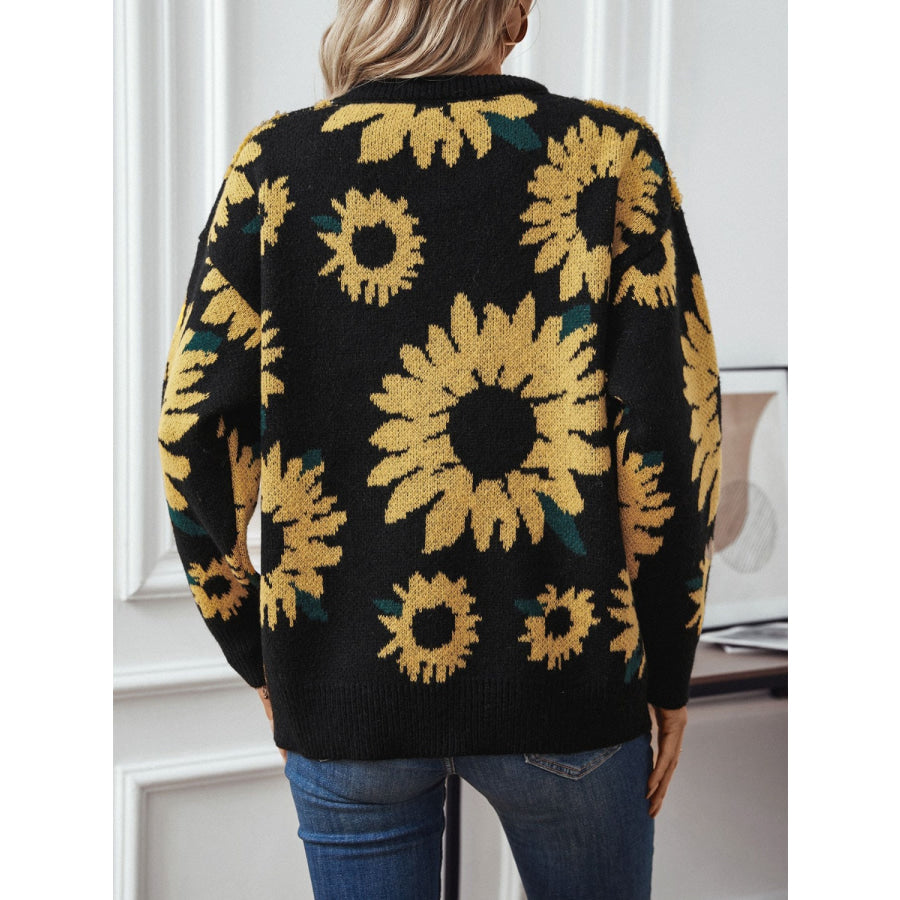 Sunflower Round Neck Long Sleeve Sweater Apparel and Accessories