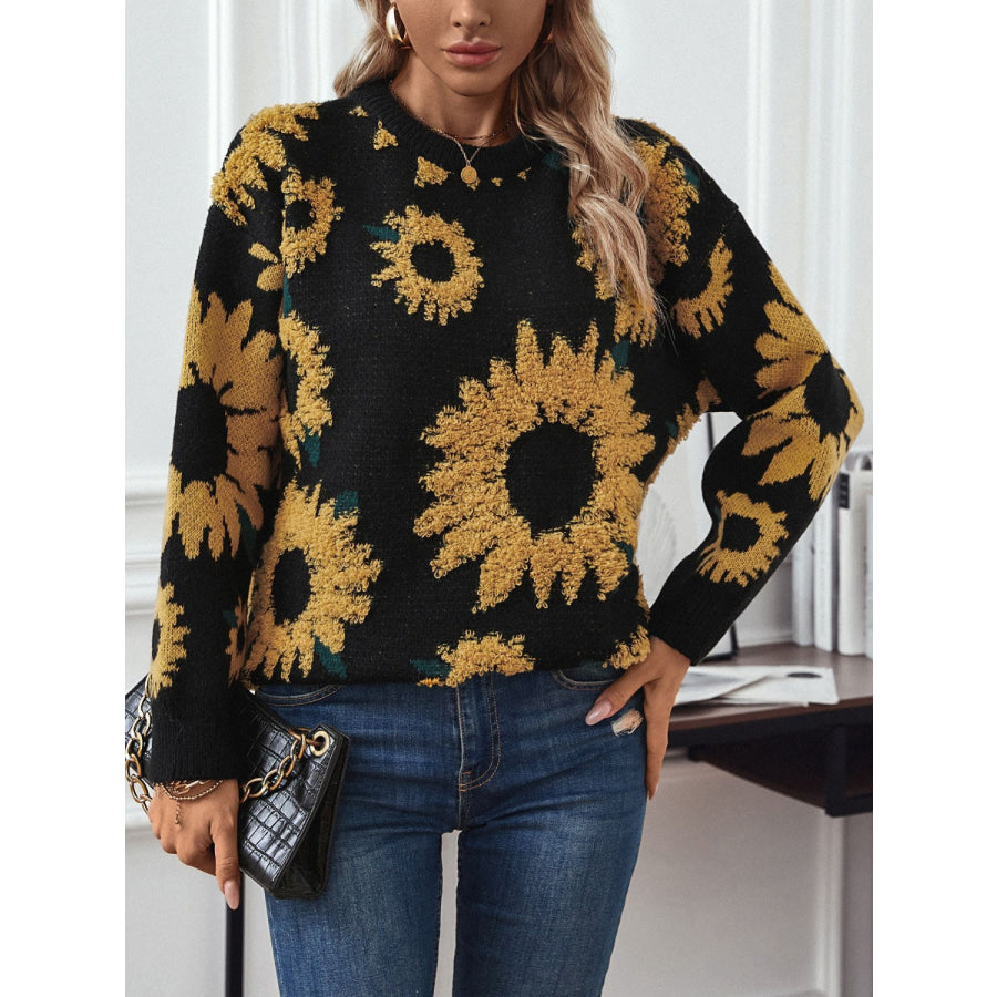 Sunflower Round Neck Long Sleeve Sweater Black / S Apparel and Accessories