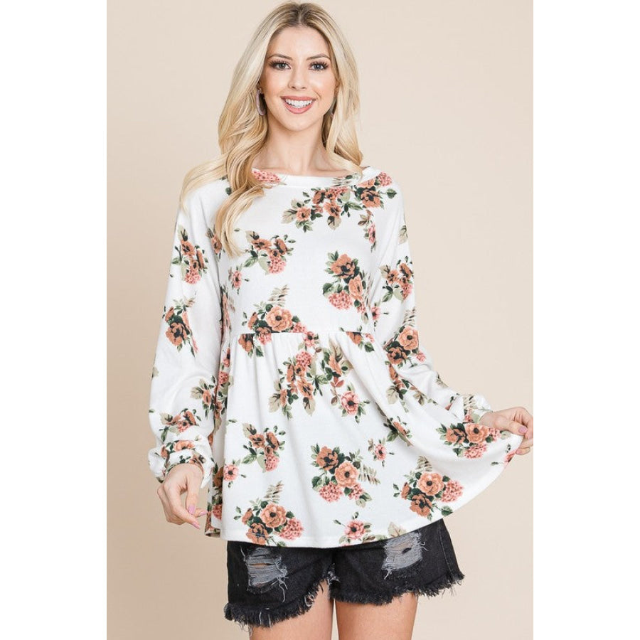 Super Lady Full Size Babydoll Floral Boat Neck Long Sleeve Blouse Apparel and Accessories