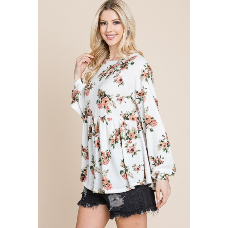 Super Lady Full Size Babydoll Floral Boat Neck Long Sleeve Blouse Apparel and Accessories