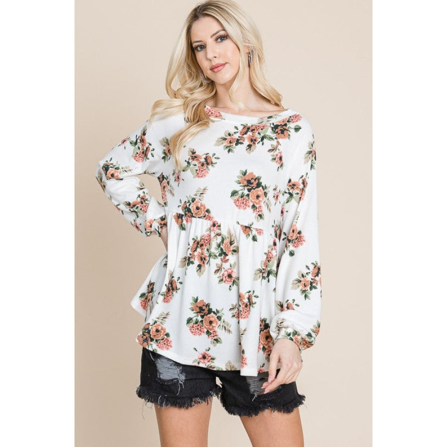 Super Lady Full Size Babydoll Floral Boat Neck Long Sleeve Blouse Floral / S Apparel and Accessories